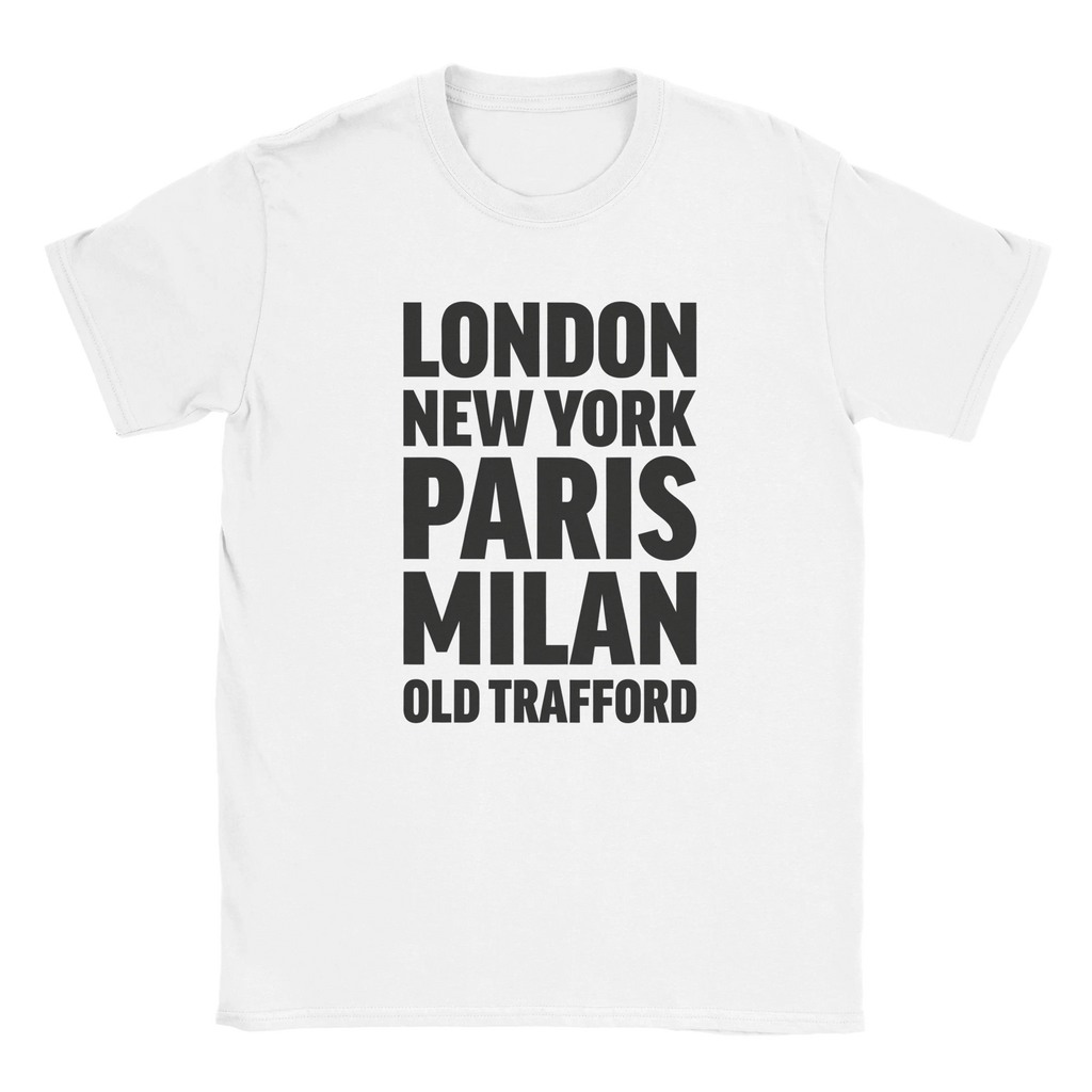 OLD-TRAFFORD T-shirt by Place name prints. A light hearted typographic design featuring London, New York, Paris and Milan