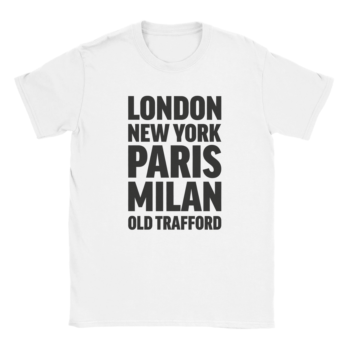 OLD-TRAFFORD T-shirt by Place name prints. A light hearted typographic design featuring London, New York, Paris and Milan