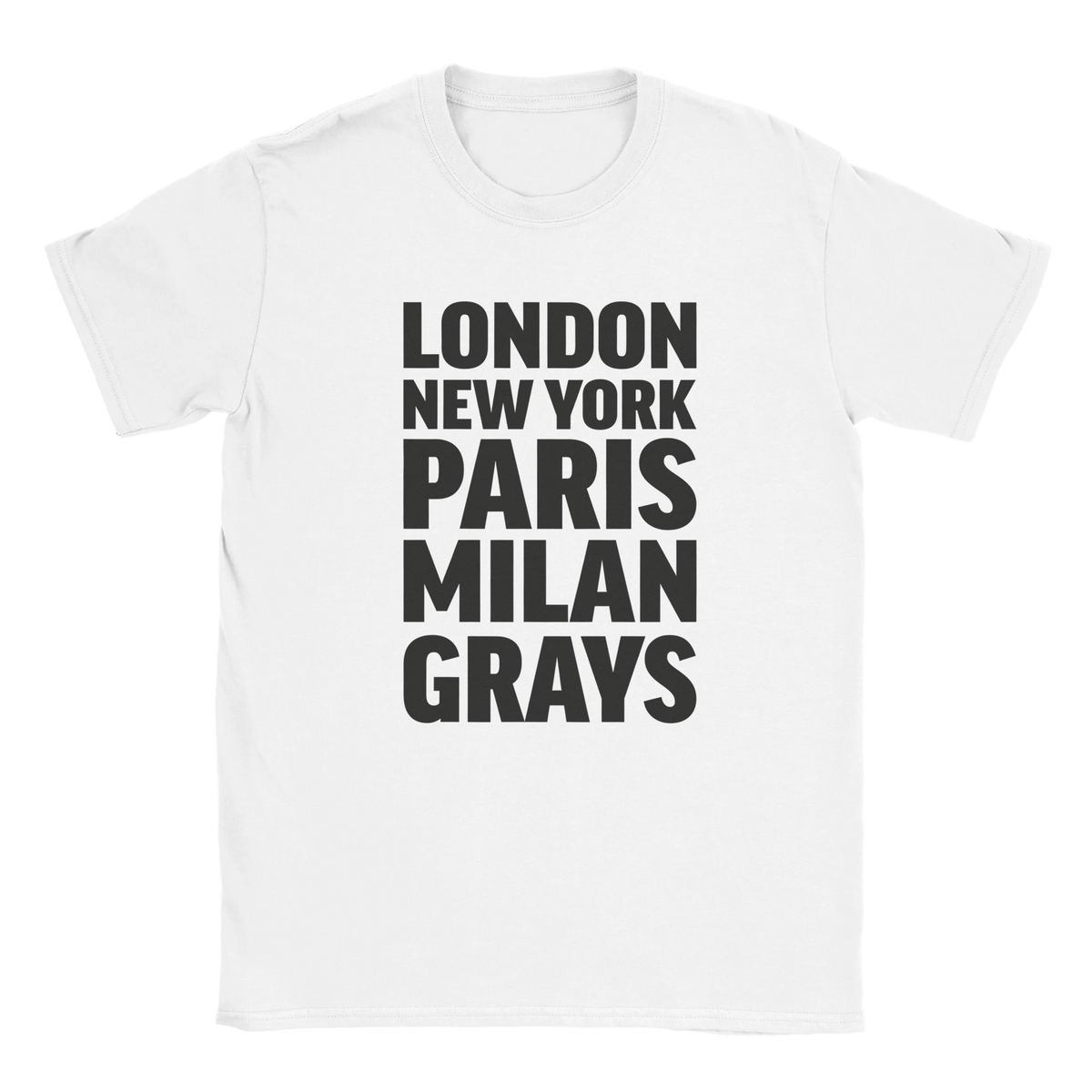 GRAYS T-shirt by Place name prints. A light hearted typographic design featuring London, New York, Paris and Milan