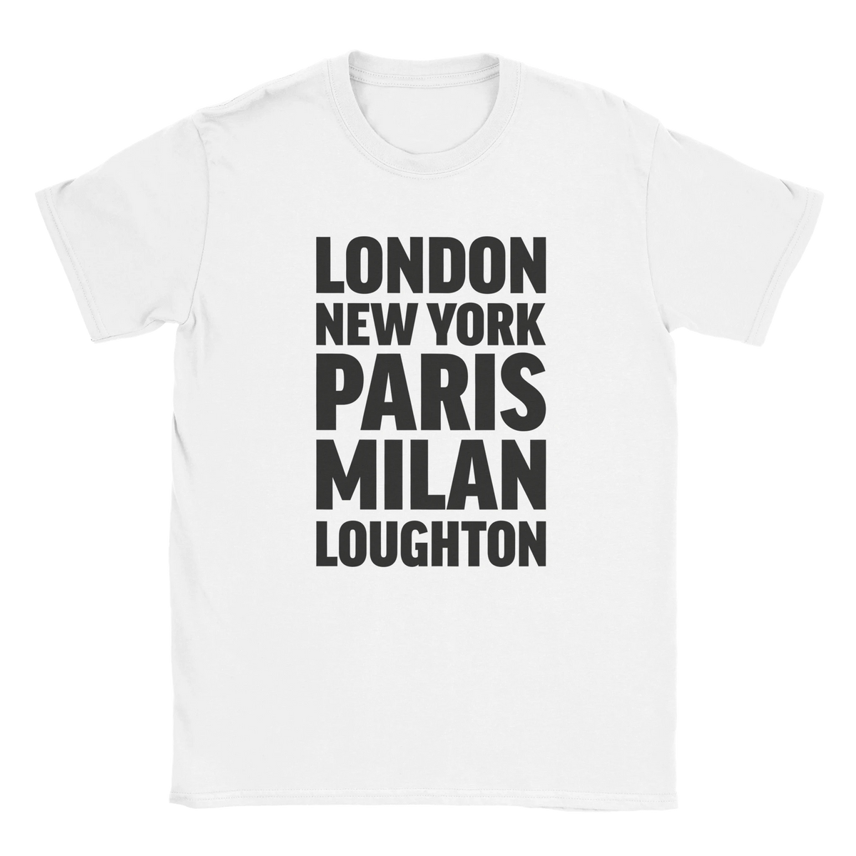 LOUGHTON T-shirt by Place name prints. A light hearted typographic design featuring London, New York, Paris and Milan