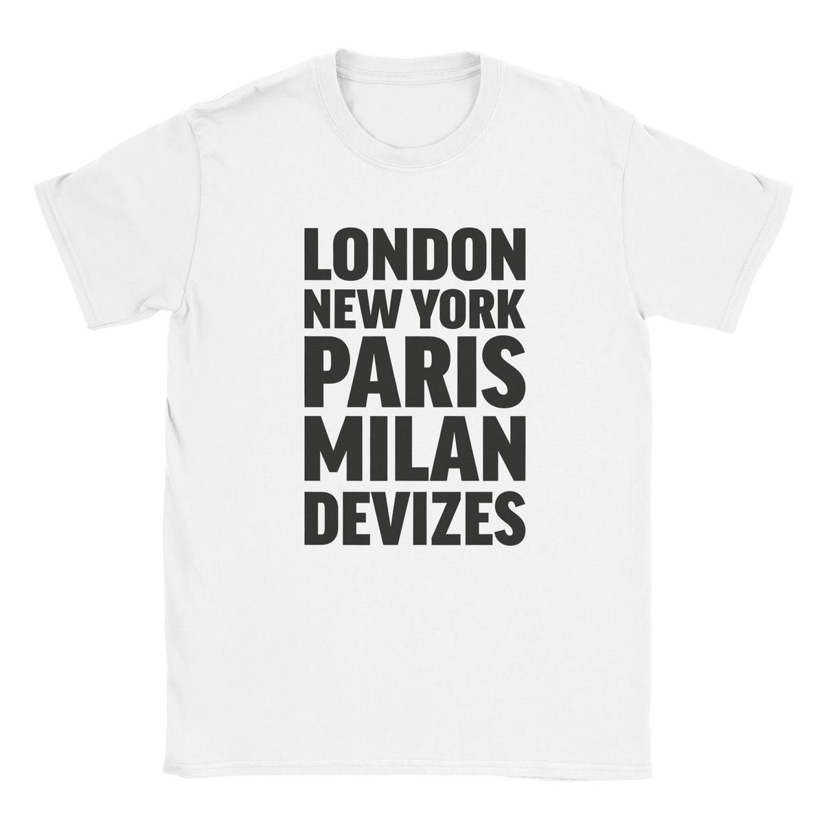 DEVIZES T-shirt by Place name prints. A light hearted typographic design featuring London, New York, Paris and Milan