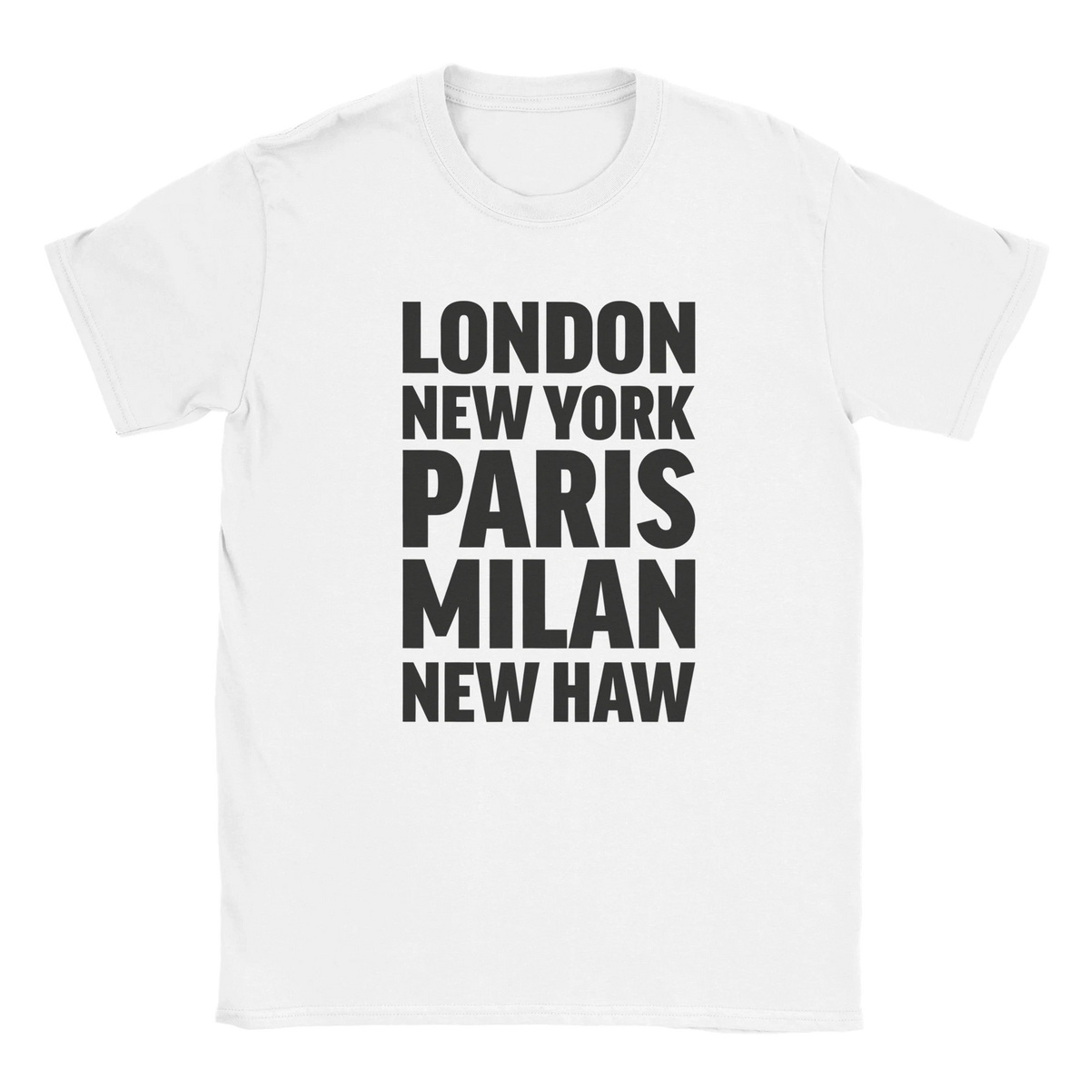 NEW-HAW T-shirt by Place name prints. A light hearted typographic design featuring London, New York, Paris and Milan