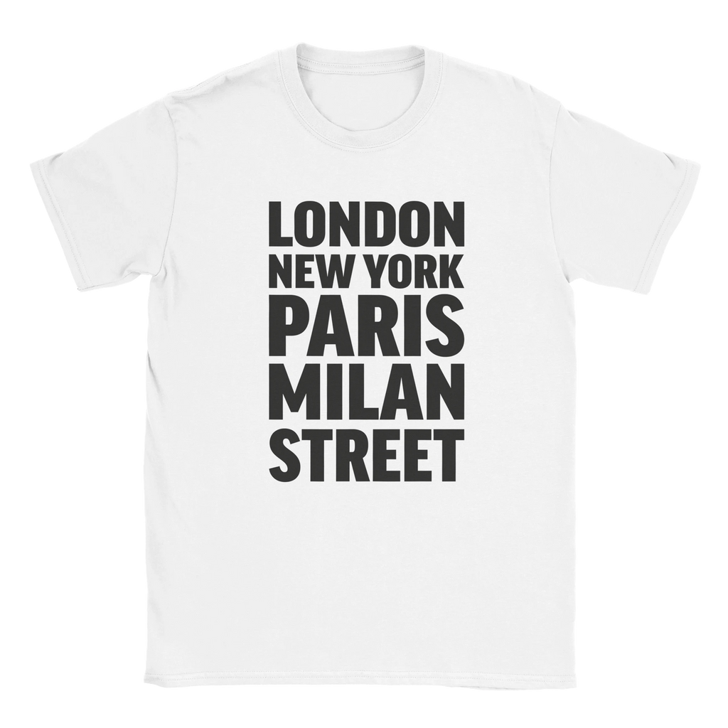 STREET T-shirt by Place name prints. A light hearted typographic design featuring London, New York, Paris and Milan
