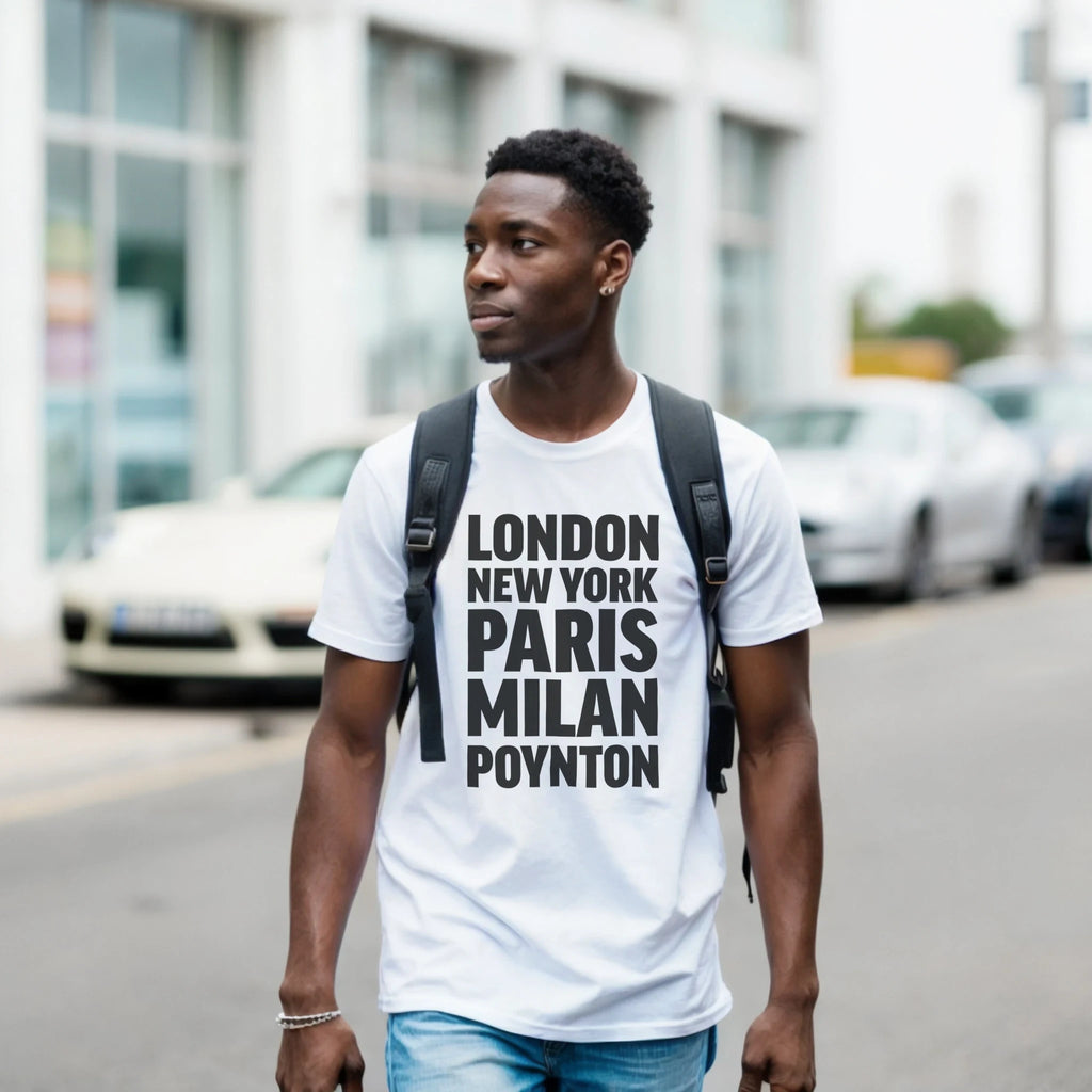 POYNTON T-shirt by Place name prints. A light hearted typographic design featuring London, New York, Paris and Milan