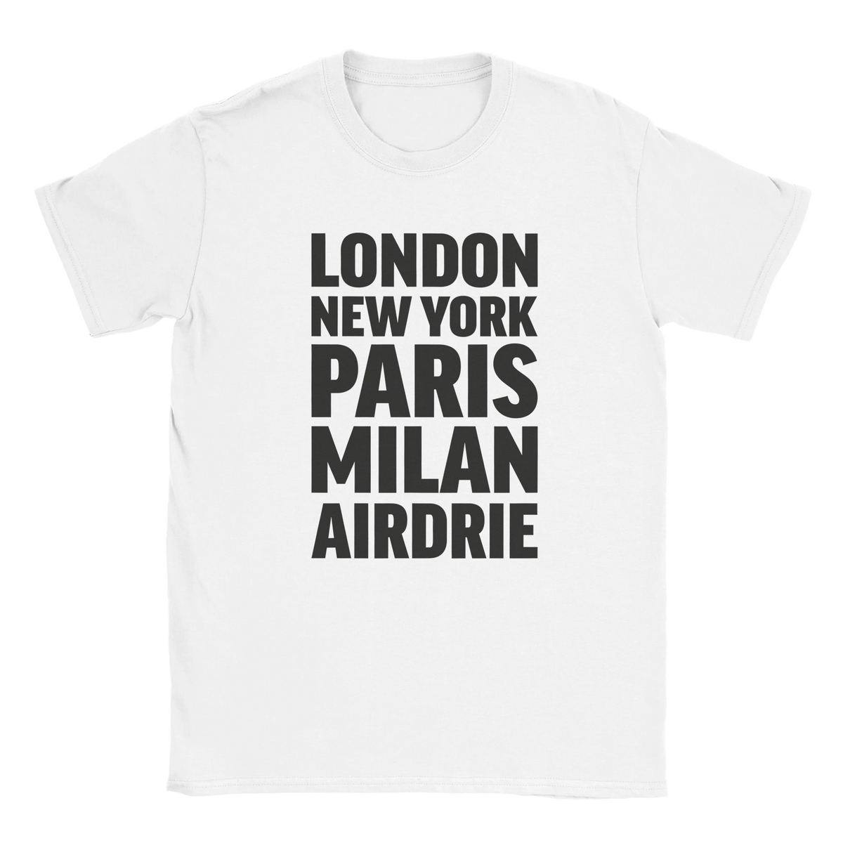 AIRDRIE T-shirt by Place name prints. A light hearted typographic design featuring London, New York, Paris and Milan