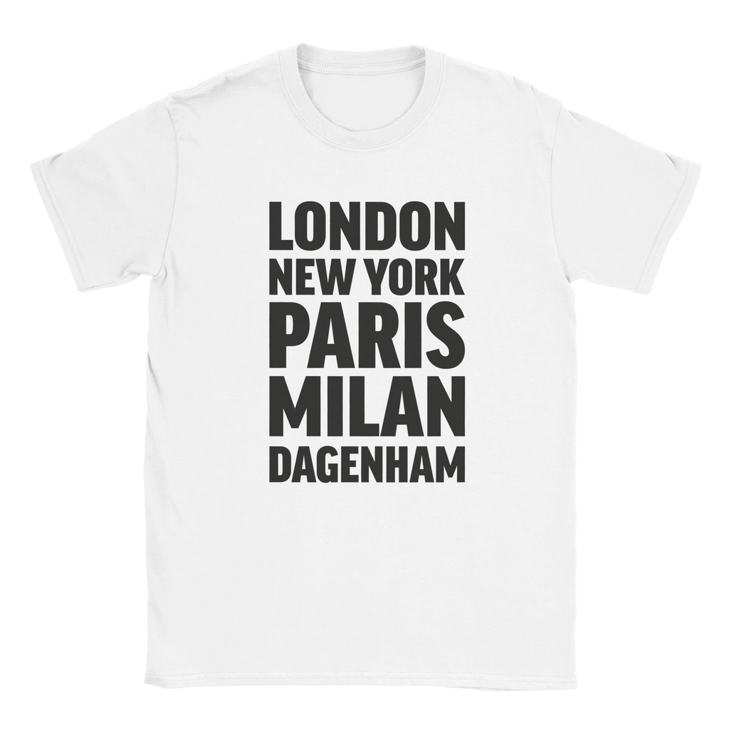 DAGENHAM T-shirt by Place name prints. A light hearted typographic design featuring London, New York, Paris and Milan