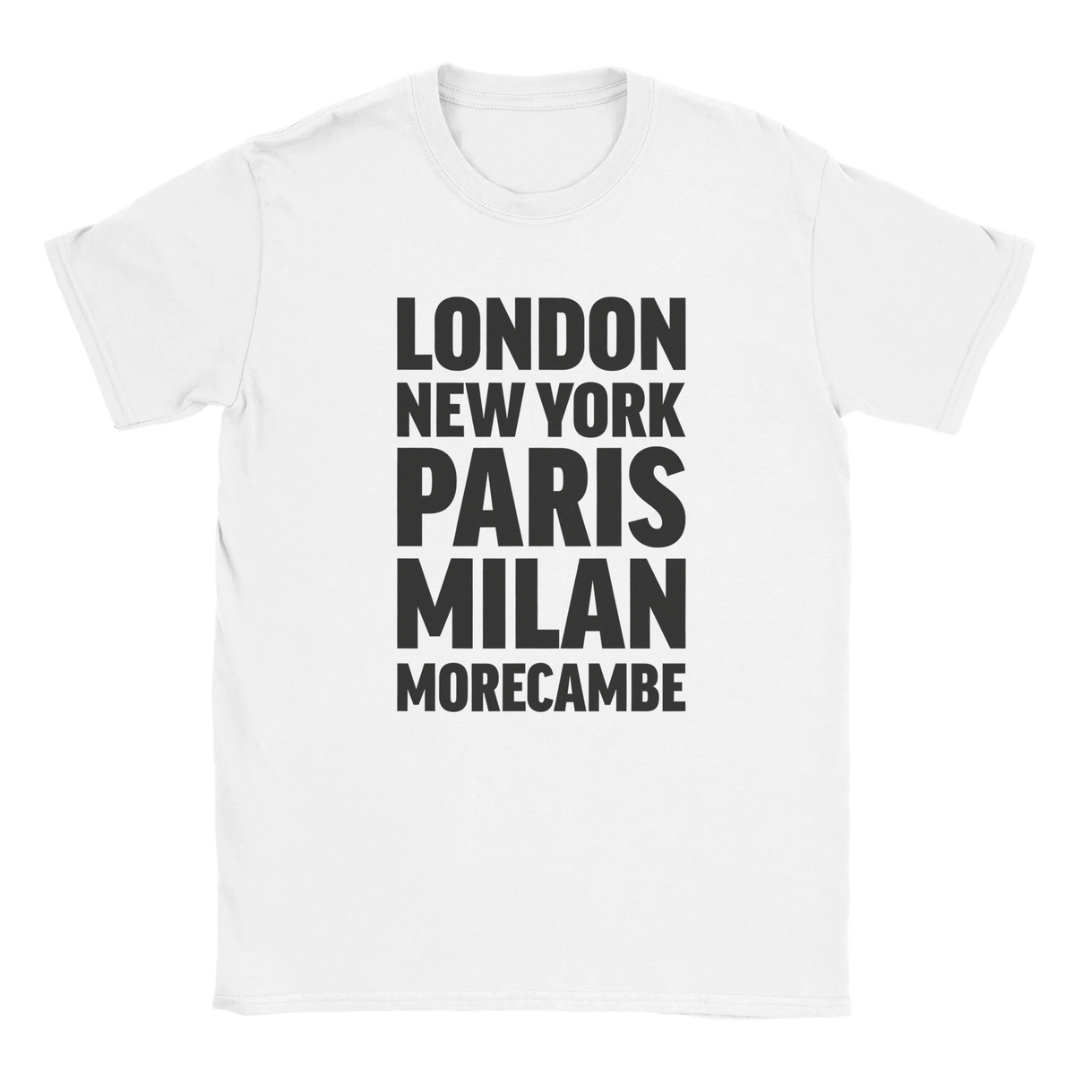 MORECAMBE T-shirt by Place name prints. A light hearted typographic design featuring London, New York, Paris and Milan