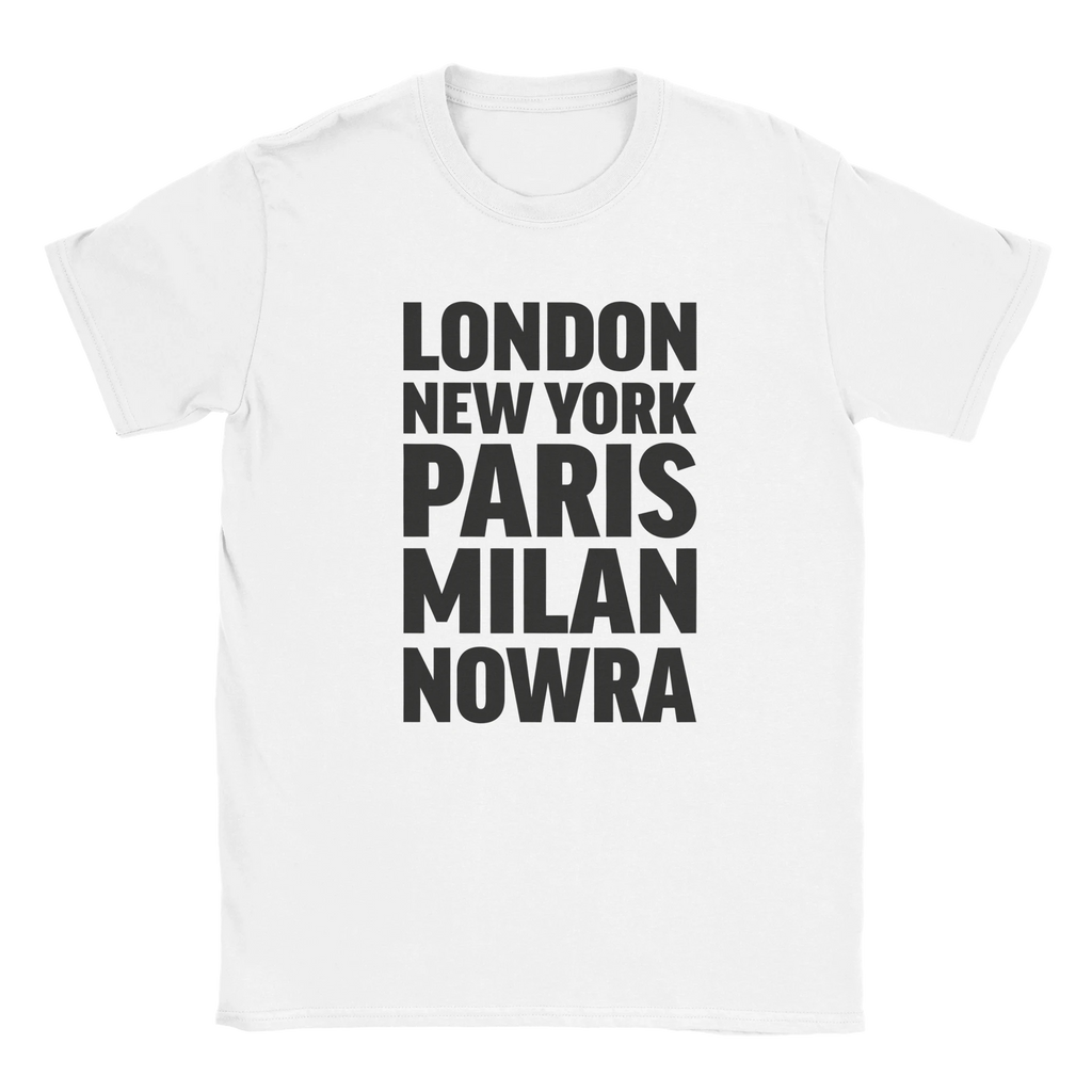NOWRA T-shirt by Place name prints. A light hearted typographic design featuring London, New York, Paris and Milan