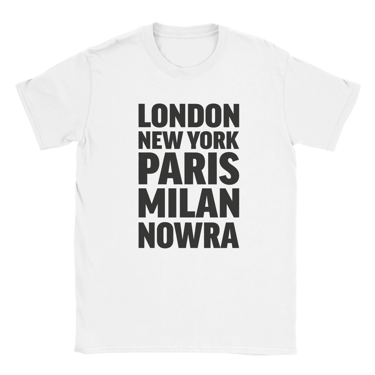 NOWRA T-shirt by Place name prints. A light hearted typographic design featuring London, New York, Paris and Milan