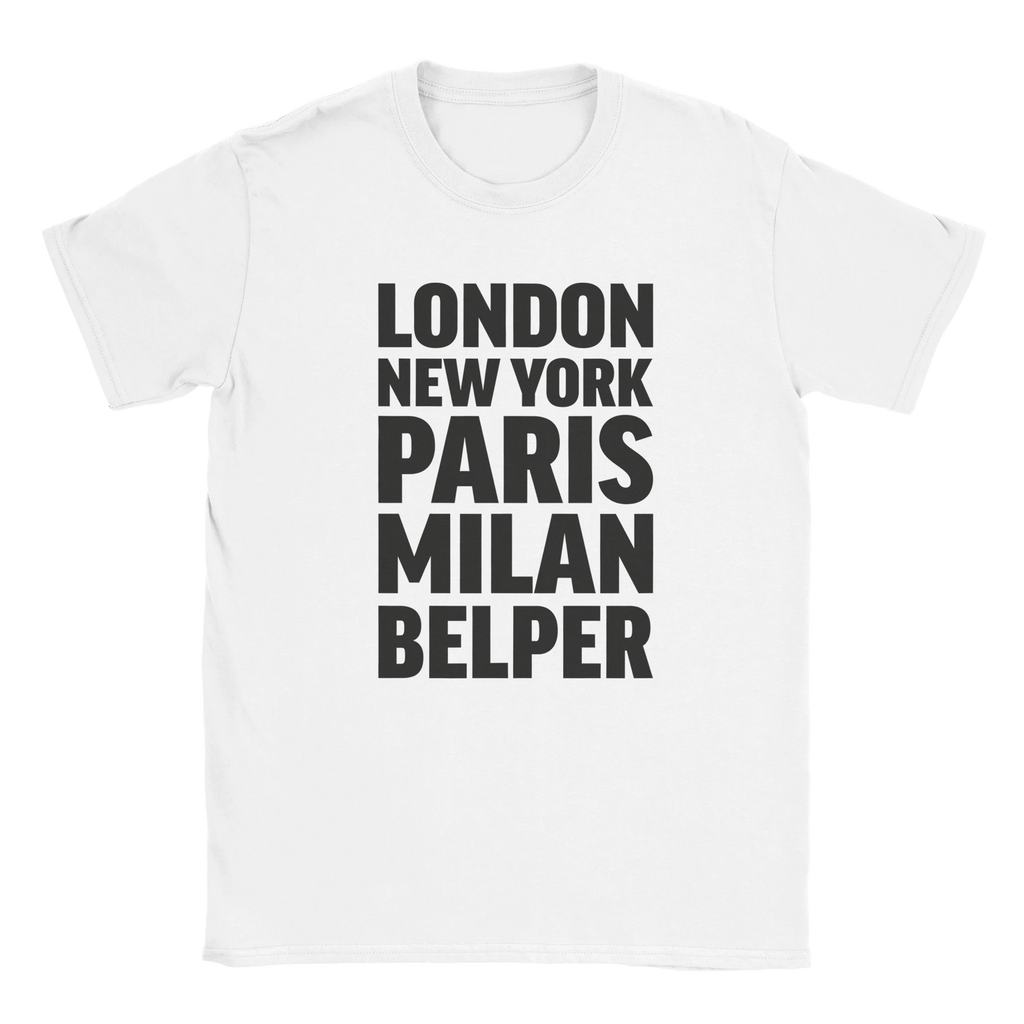 BELPER T-shirt by Place name prints. A light hearted typographic design featuring London, New York, Paris and Milan