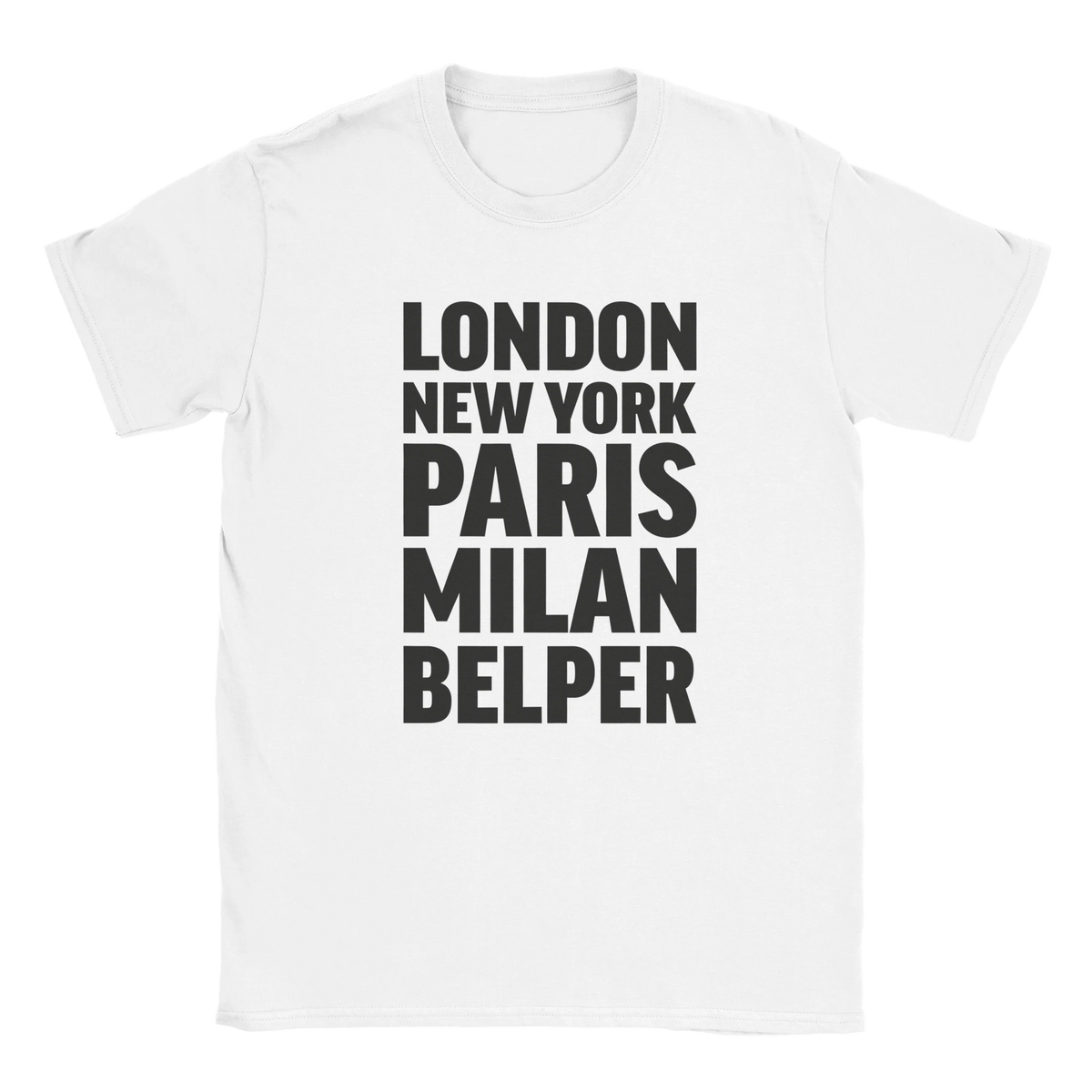 BELPER T-shirt by Place name prints. A light hearted typographic design featuring London, New York, Paris and Milan