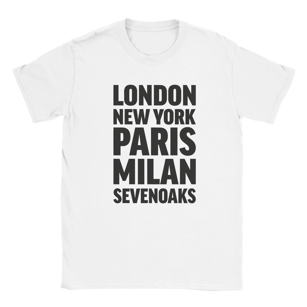 SEVENOAKS T-shirt by Place name prints. A light hearted typographic design featuring London, New York, Paris and Milan