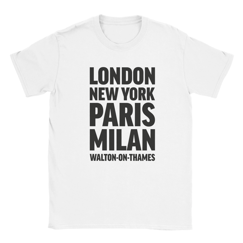 WALTON-ON-THAMES T-shirt by Place name prints. A light hearted typographic design featuring London, New York, Paris and Milan