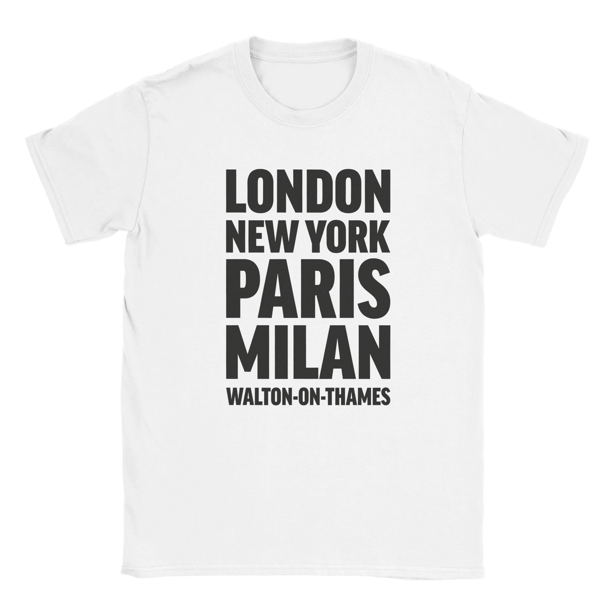 WALTON-ON-THAMES T-shirt by Place name prints. A light hearted typographic design featuring London, New York, Paris and Milan