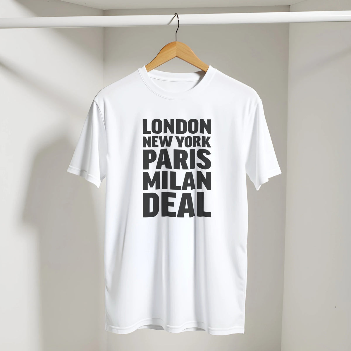 DEAL T-shirt by Place name prints. A light hearted typographic design featuring London, New York, Paris and Milan