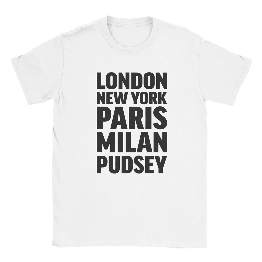 PUDSEY T-shirt by Place name prints. A light hearted typographic design featuring London, New York, Paris and Milan