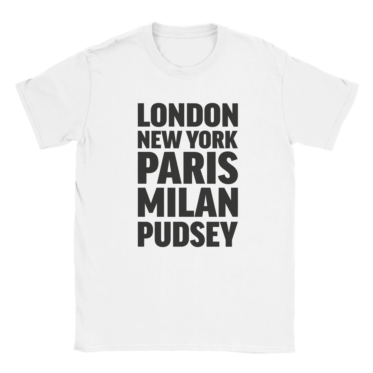 PUDSEY T-shirt by Place name prints. A light hearted typographic design featuring London, New York, Paris and Milan