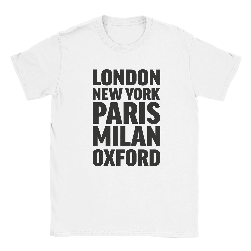 OXFORD T-shirt by Place name prints. A light hearted typographic design featuring London, New York, Paris and Milan