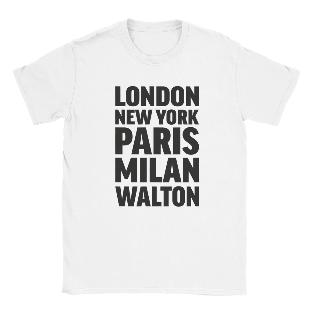 WALTON T-shirt by Place name prints. A light hearted typographic design featuring London, New York, Paris and Milan