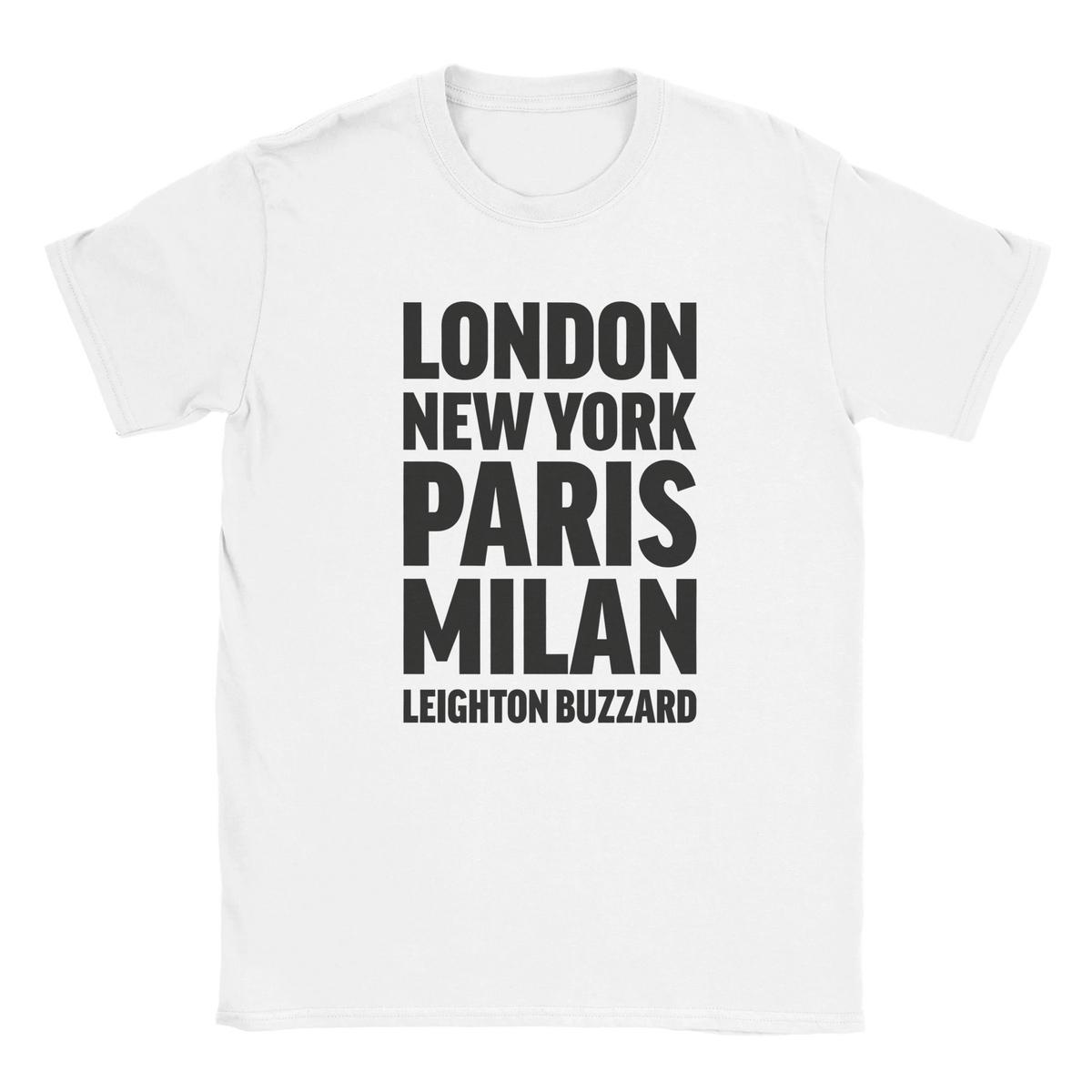 LEIGHTON-BUZZARD T-shirt by Place name prints. A light hearted typographic design featuring London, New York, Paris and Milan