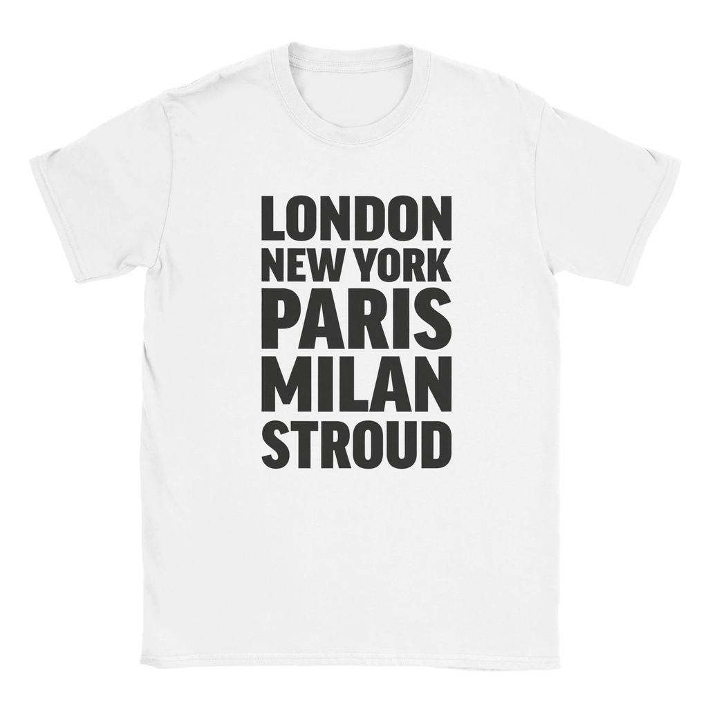 STROUD T-shirt by Place name prints. A light hearted typographic design featuring London, New York, Paris and Milan