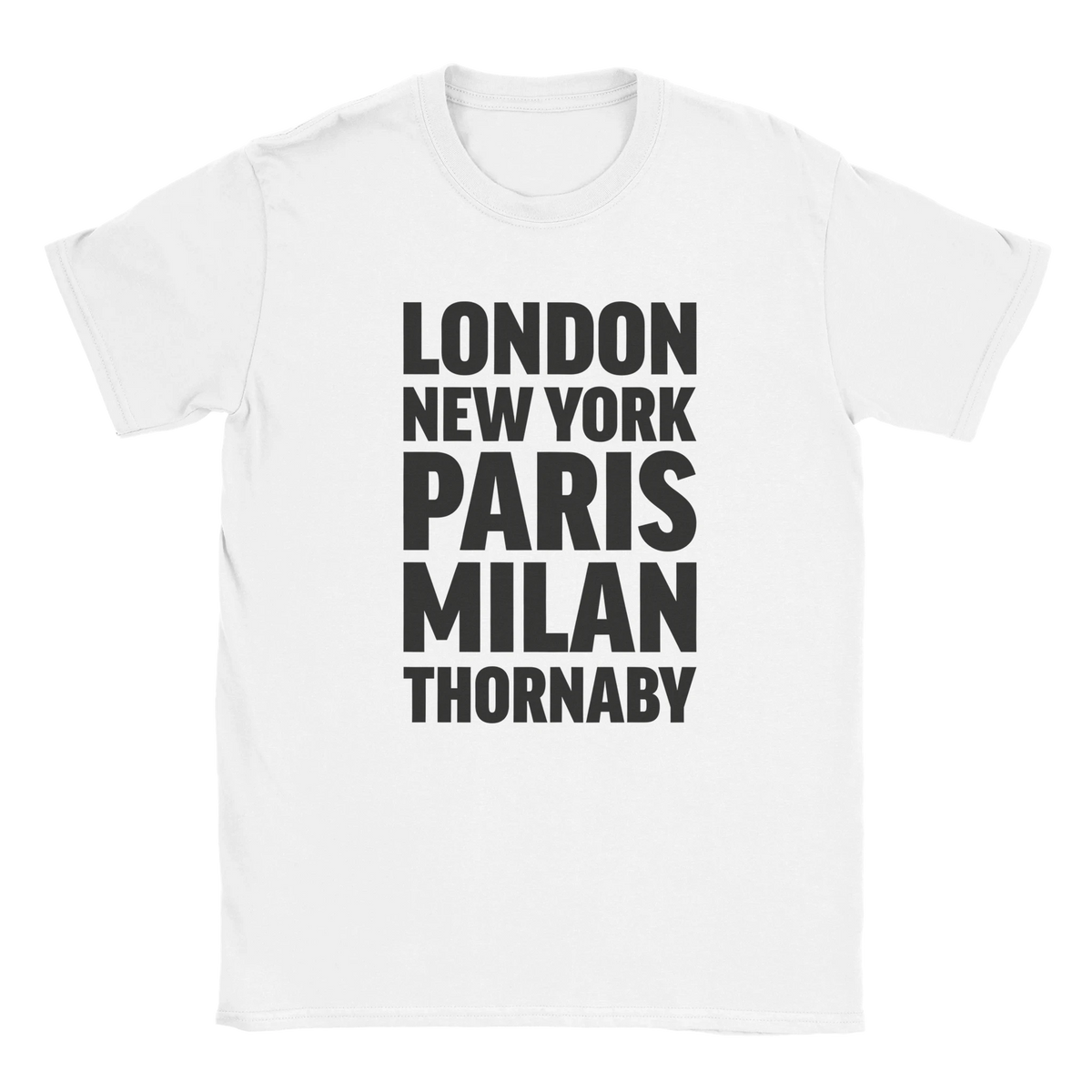 THORNABY T-shirt by Place name prints. A light hearted typographic design featuring London, New York, Paris and Milan