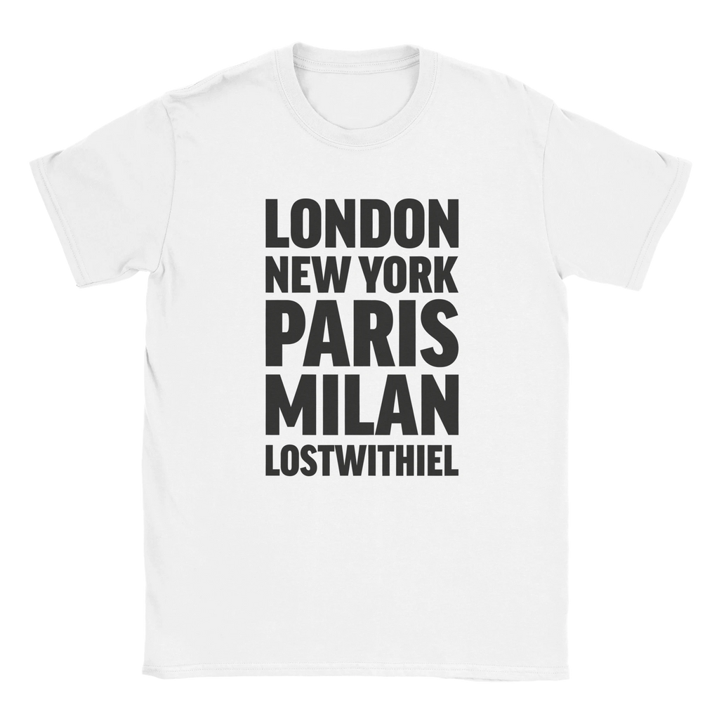 LOSTWITHIEL T-shirt by Place name prints. A light hearted typographic design featuring London, New York, Paris and Milan