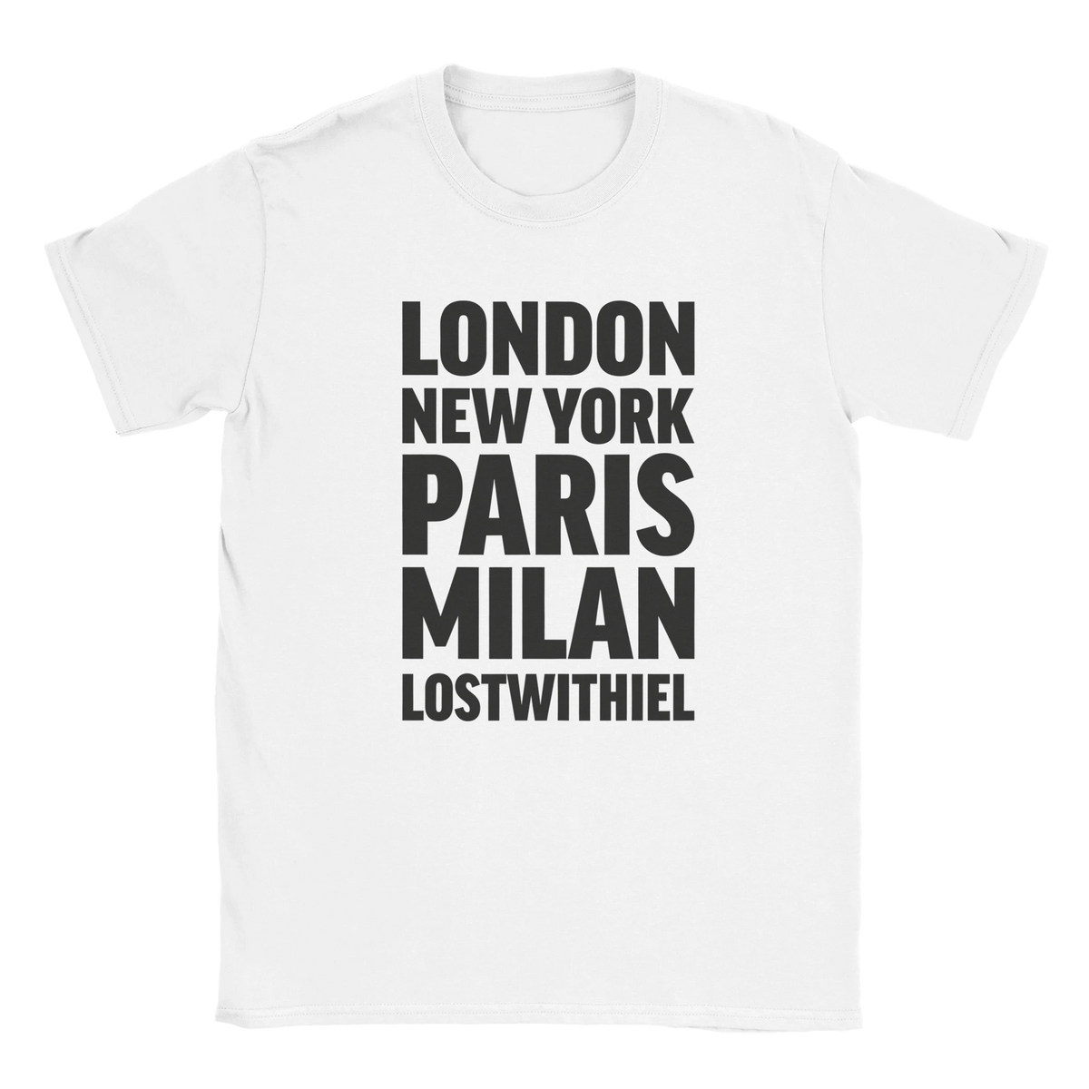 LOSTWITHIEL T-shirt by Place name prints. A light hearted typographic design featuring London, New York, Paris and Milan