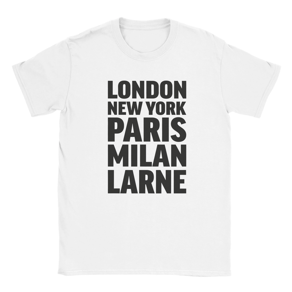 LARNE T-shirt by Place name prints. A light hearted typographic design featuring London, New York, Paris and Milan