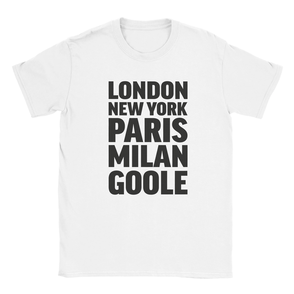 GOOLE T-shirt by Place name prints. A light hearted typographic design featuring London, New York, Paris and Milan
