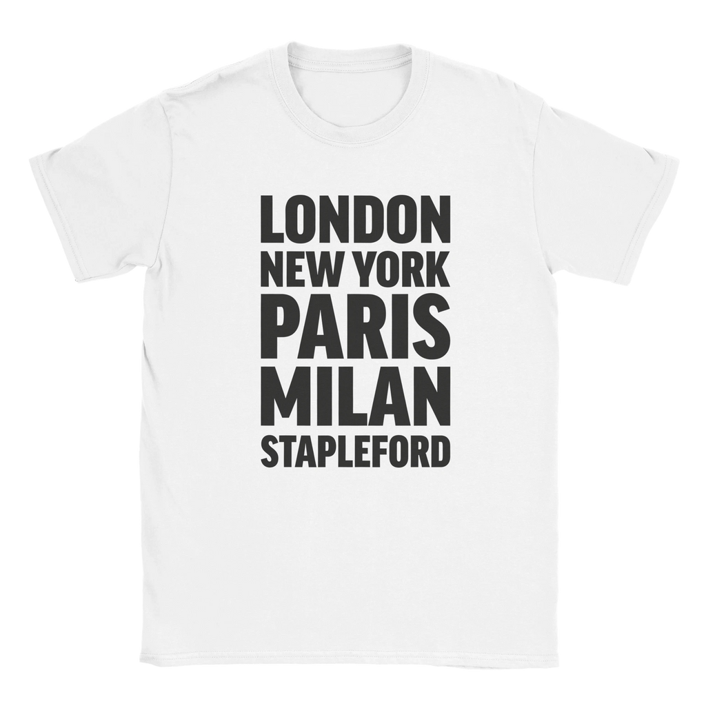 STAPLEFORD T-shirt by Place name prints. A light hearted typographic design featuring London, New York, Paris and Milan