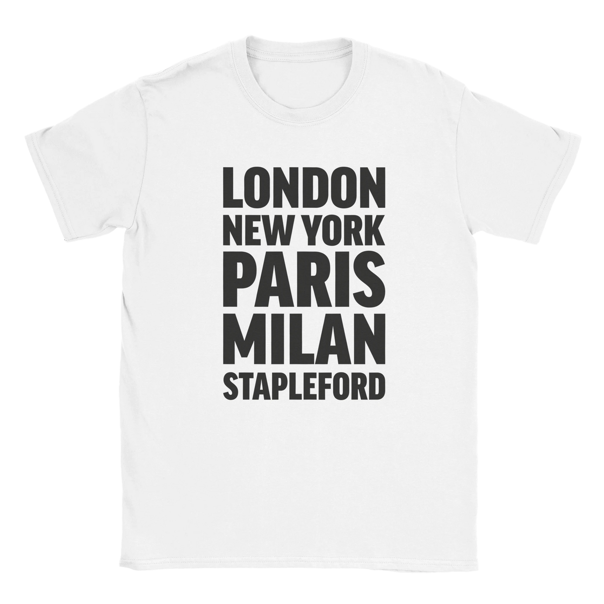 STAPLEFORD T-shirt by Place name prints. A light hearted typographic design featuring London, New York, Paris and Milan