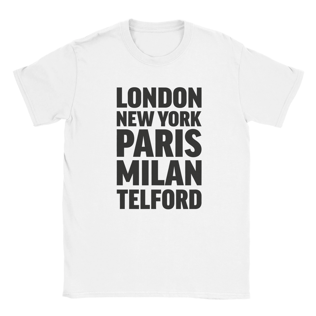 TELFORD T-shirt by Place name prints. A light hearted typographic design featuring London, New York, Paris and Milan