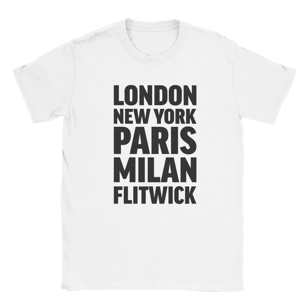 FLITWICK T-shirt by Place name prints. A light hearted typographic design featuring London, New York, Paris and Milan