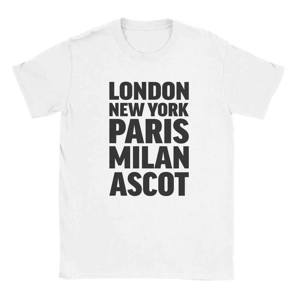 Ascot T-shirt by Place name prints. A light hearted typographic design featuring London, New York, Paris and Milan
