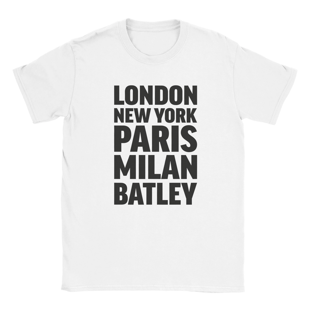 BATLEY T-shirt by Place name prints. A light hearted typographic design featuring London, New York, Paris and Milan