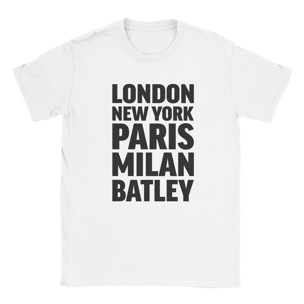 BATLEY T-shirt by Place name prints. A light hearted typographic design featuring London, New York, Paris and Milan