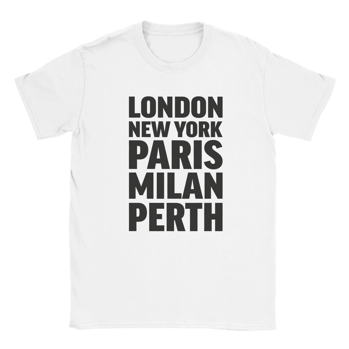 PERTH T-shirt by Place name prints. A light hearted typographic design featuring London, New York, Paris and Milan
