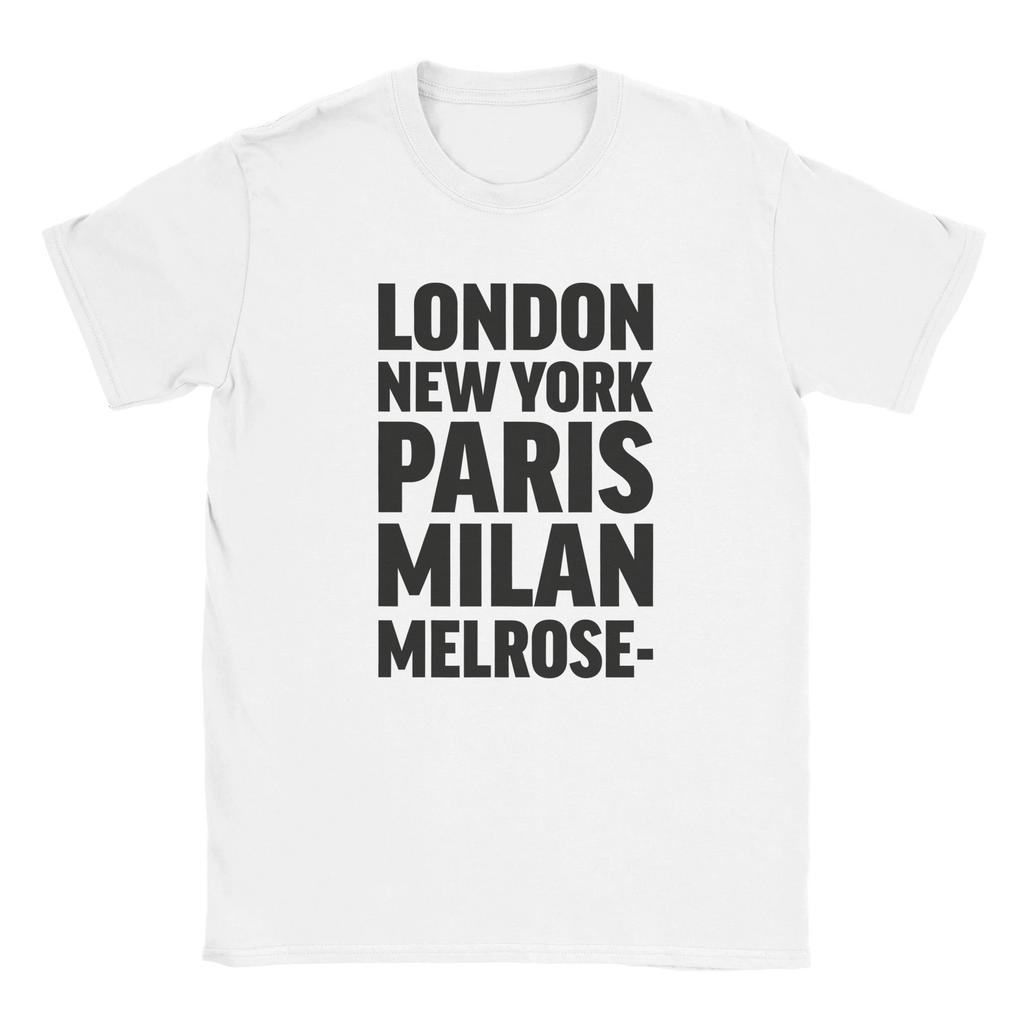 MELROSE- T-shirt by Place name prints. A light hearted typographic design featuring London, New York, Paris and Milan