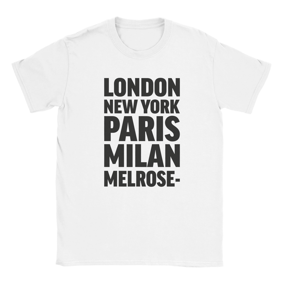 MELROSE- T-shirt by Place name prints. A light hearted typographic design featuring London, New York, Paris and Milan