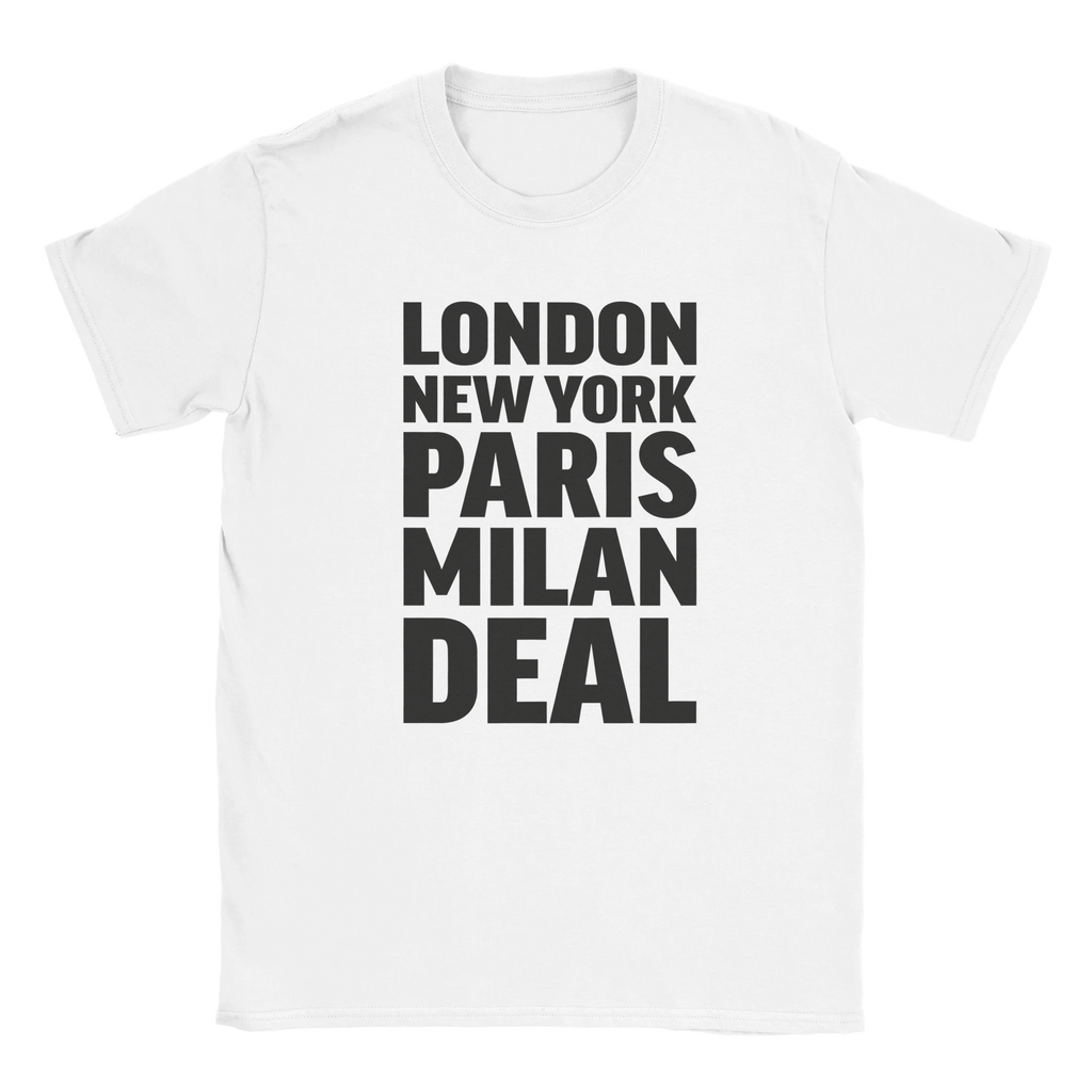 DEAL T-shirt by Place name prints. A light hearted typographic design featuring London, New York, Paris and Milan