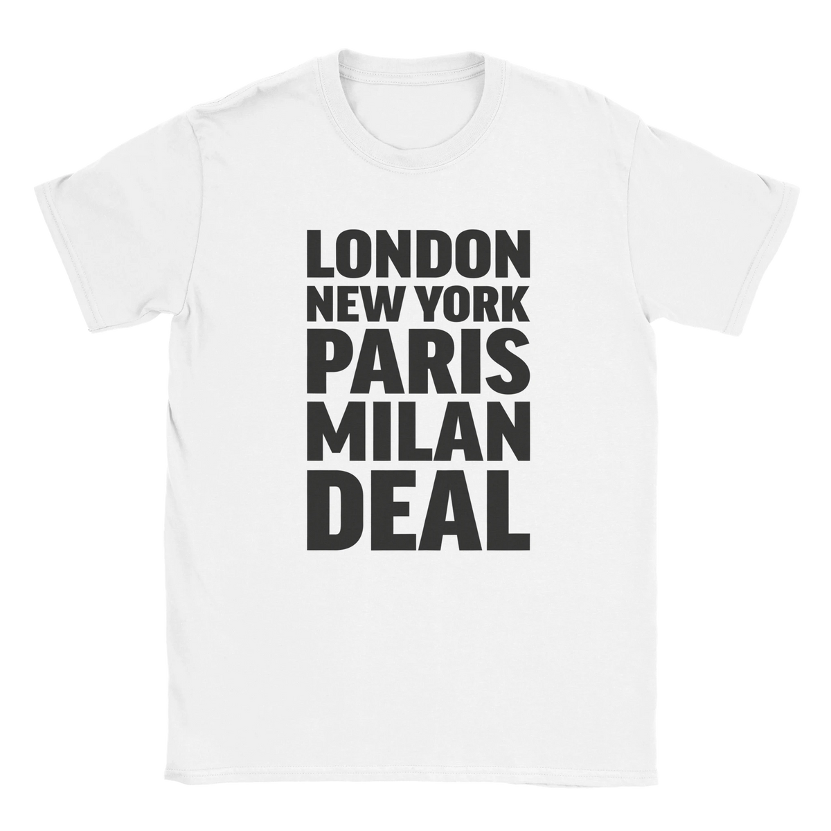 DEAL T-shirt by Place name prints. A light hearted typographic design featuring London, New York, Paris and Milan