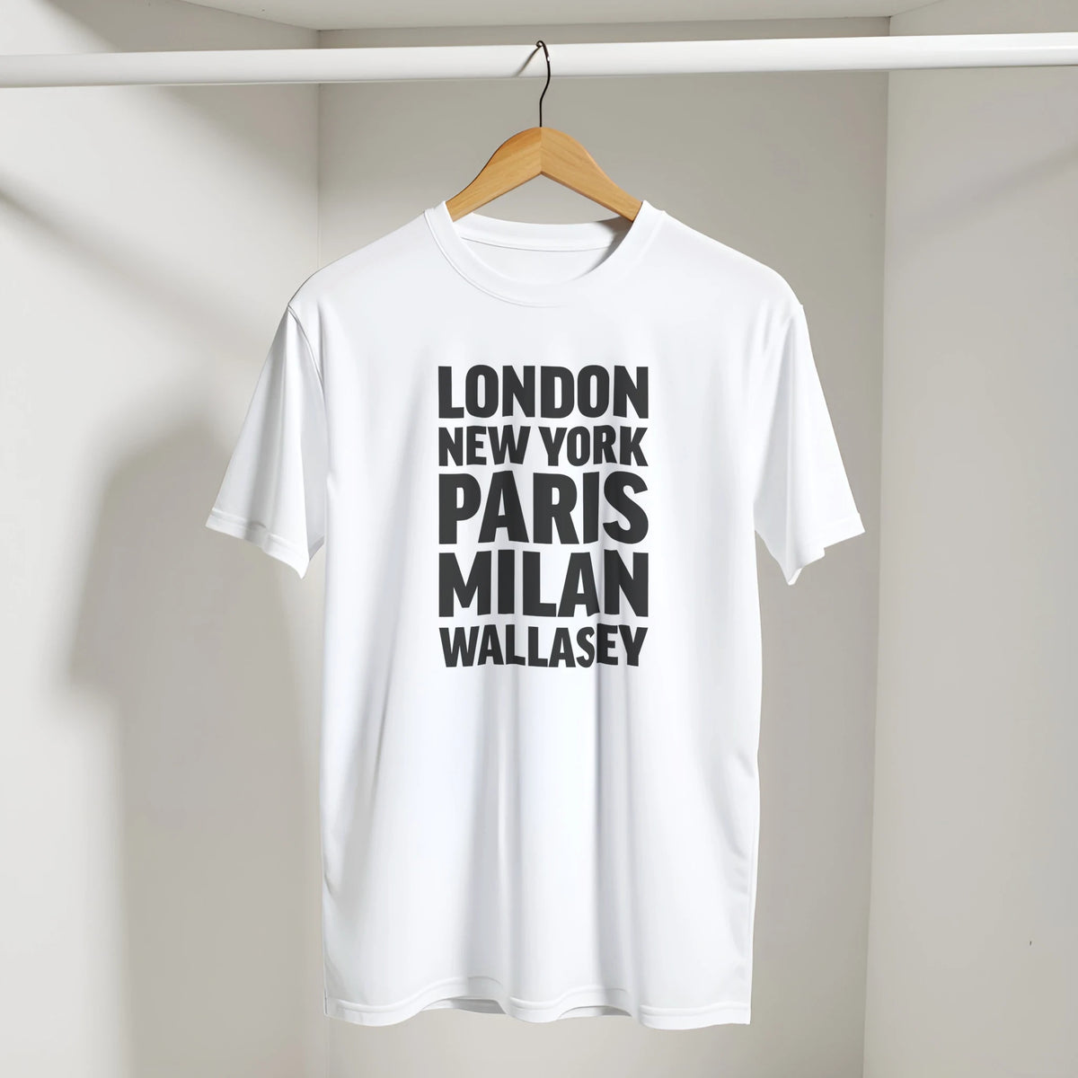 WALLASEY T-shirt by Place name prints. A light hearted typographic design featuring London, New York, Paris and Milan