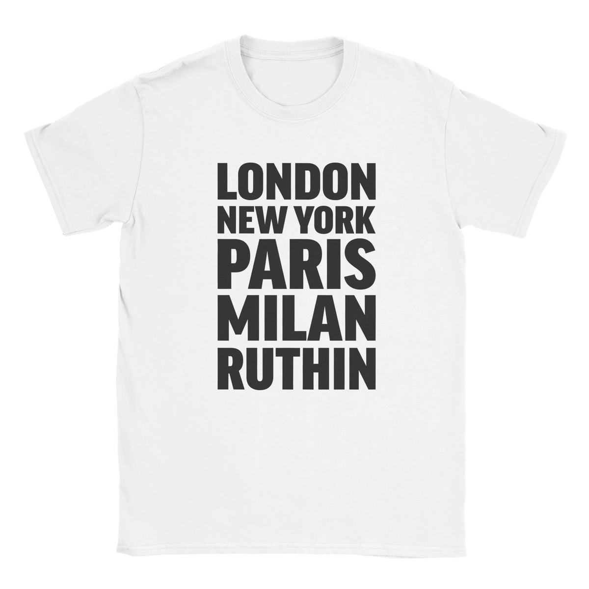 RUTHIN T-shirt by Place name prints. A light hearted typographic design featuring London, New York, Paris and Milan