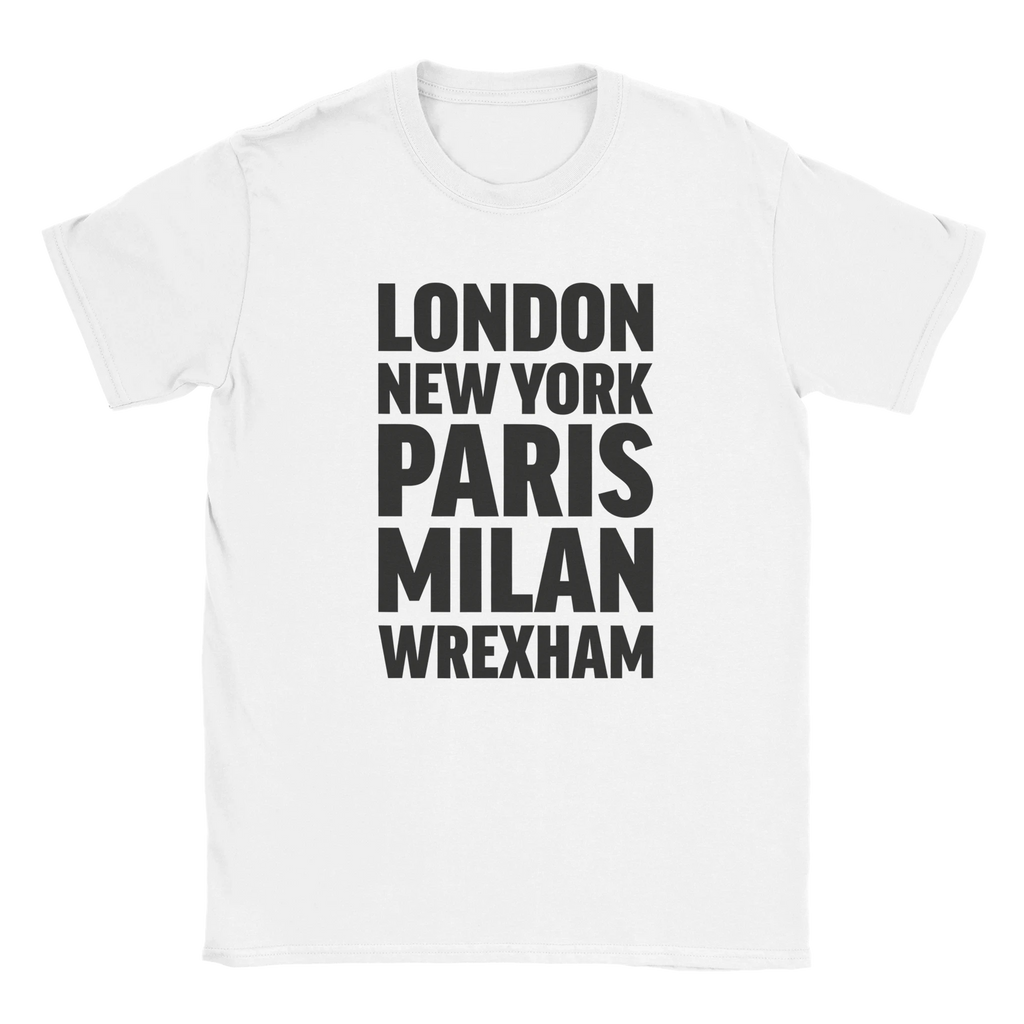 WREXHAM T-shirt by Place name prints. A light hearted typographic design featuring London, New York, Paris and Milan