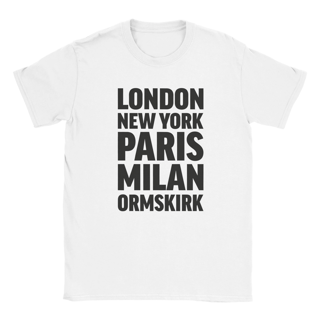 ORMSKIRK T-shirt by Place name prints. A light hearted typographic design featuring London, New York, Paris and Milan