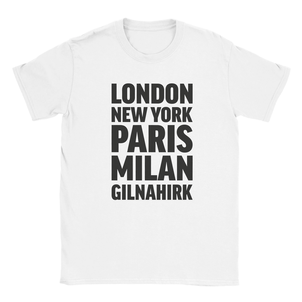 GILNAHIRK T-shirt by Place name prints. A light hearted typographic design featuring London, New York, Paris and Milan