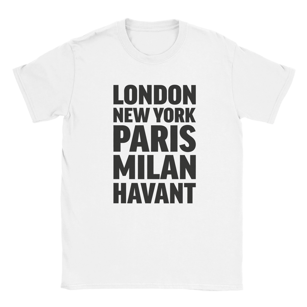 HAVANT T-shirt by Place name prints. A light hearted typographic design featuring London, New York, Paris and Milan