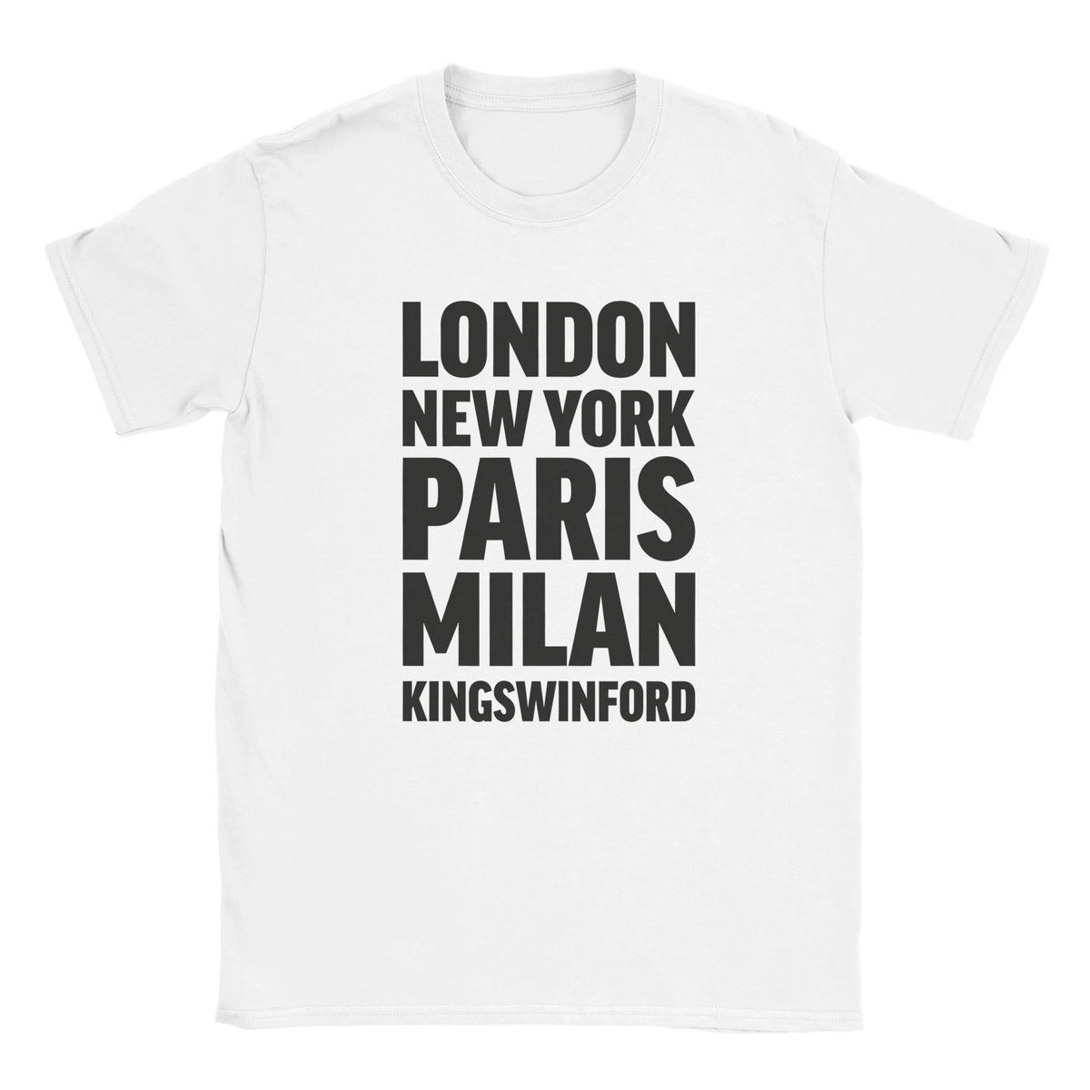 KINGSWINFORD T-shirt by Place name prints. A light hearted typographic design featuring London, New York, Paris and Milan