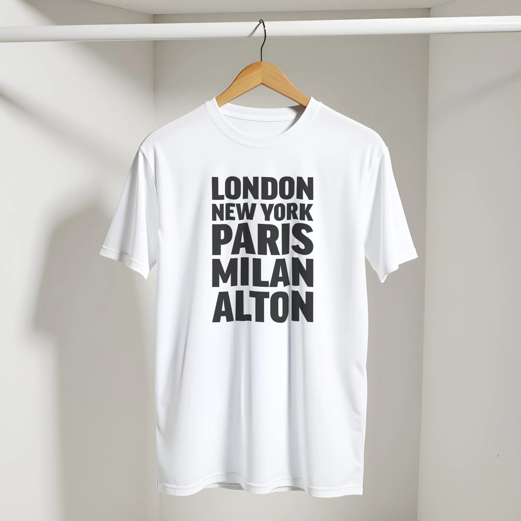 ALTON T-shirt by Place name prints. A light hearted typographic design featuring London, New York, Paris and Milan